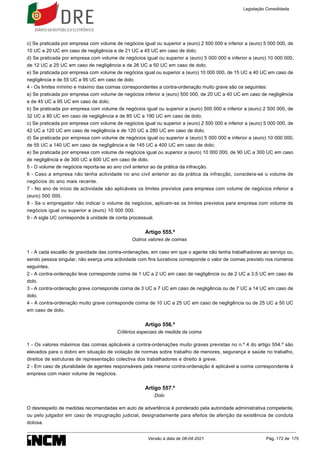 c) Se praticada por empresa com volume de negócios igual ou superior a (euro) 2 500 000 e inferior a (euro) 5 000 000, de
10 UC a 20 UC em caso de negligência e de 21 UC a 45 UC em caso de dolo;
d) Se praticada por empresa com volume de negócios igual ou superior a (euro) 5 000 000 e inferior a (euro) 10 000 000,
de 12 UC a 25 UC em caso de negligência e de 26 UC a 50 UC em caso de dolo;
e) Se praticada por empresa com volume de negócios igual ou superior a (euro) 10 000 000, de 15 UC a 40 UC em caso de
negligência e de 55 UC a 95 UC em caso de dolo.
4 - Os limites mínimo e máximo das coimas correspondentes a contra-ordenação muito grave são os seguintes:
a) Se praticada por empresa com volume de negócios inferior a (euro) 500 000, de 20 UC a 40 UC em caso de negligência
e de 45 UC a 95 UC em caso de dolo;
b) Se praticada por empresa com volume de negócios igual ou superior a (euro) 500 000 e inferior a (euro) 2 500 000, de
32 UC a 80 UC em caso de negligência e de 85 UC a 190 UC em caso de dolo;
c) Se praticada por empresa com volume de negócios igual ou superior a (euro) 2 500 000 e inferior a (euro) 5 000 000, de
42 UC a 120 UC em caso de negligência e de 120 UC a 280 UC em caso de dolo;
d) Se praticada por empresa com volume de negócios igual ou superior a (euro) 5 000 000 e inferior a (euro) 10 000 000,
de 55 UC a 140 UC em caso de negligência e de 145 UC a 400 UC em caso de dolo;
e) Se praticada por empresa com volume de negócios igual ou superior a (euro) 10 000 000, de 90 UC a 300 UC em caso
de negligência e de 300 UC a 600 UC em caso de dolo.
5 - O volume de negócios reporta-se ao ano civil anterior ao da prática da infracção.
6 - Caso a empresa não tenha actividade no ano civil anterior ao da prática da infracção, considera-se o volume de
negócios do ano mais recente.
7 - No ano de início de actividade são aplicáveis os limites previstos para empresa com volume de negócios inferior a
(euro) 500 000.
8 - Se o empregador não indicar o volume de negócios, aplicam-se os limites previstos para empresa com volume de
negócios igual ou superior a (euro) 10 000 000.
9 - A sigla UC corresponde à unidade de conta processual.
Artigo 555.º
Outros valores de coimas
1 - A cada escalão de gravidade das contra-ordenações, em caso em que o agente não tenha trabalhadores ao serviço ou,
sendo pessoa singular, não exerça uma actividade com fins lucrativos corresponde o valor de coimas previsto nos números
seguintes.
2 - A contra-ordenação leve corresponde coima de 1 UC a 2 UC em caso de negligência ou de 2 UC a 3,5 UC em caso de
dolo.
3 - A contra-ordenação grave corresponde coima de 3 UC a 7 UC em caso de negligência ou de 7 UC a 14 UC em caso de
dolo.
4 - A contra-ordenação muito grave corresponde coima de 10 UC a 25 UC em caso de negligência ou de 25 UC a 50 UC
em caso de dolo.
Artigo 556.º
Critérios especiais de medida da coima
1 - Os valores máximos das coimas aplicáveis a contra-ordenações muito graves previstas no n.º 4 do artigo 554.º são
elevados para o dobro em situação de violação de normas sobre trabalho de menores, segurança e saúde no trabalho,
direitos de estruturas de representação colectiva dos trabalhadores e direito à greve.
2 - Em caso de pluralidade de agentes responsáveis pela mesma contra-ordenação é aplicável a coima correspondente à
empresa com maior volume de negócios.
Artigo 557.º
Dolo
O desrespeito de medidas recomendadas em auto de advertência é ponderado pela autoridade administrativa competente,
ou pelo julgador em caso de impugnação judicial, designadamente para efeitos de aferição da existência de conduta
dolosa.
Legislação Consolidada
Versão à data de 08-04-2021 Pág. 172 de 175
 