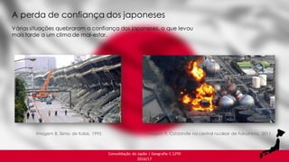 Consolidação do Japão | Geografia C 12ºD
2016/17
A perda de confiança dos japoneses
Imagem 8. Sismo de Kobe, 1995
Várias situações quebraram a confiança dos japoneses, o que levou
mais tarde a um clima de mal-estar.
Imagem 9. Catástrofe na central nuclear de Fukushima, 2011
 