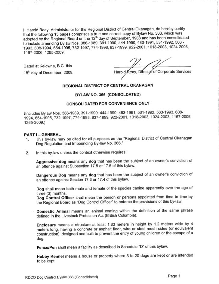 RDCO Consolidated dog bylaw 366
