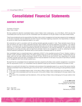 124 l Annual Report 2009-10




          Consolidated Financial Statements
AUDITOR'S REPORT

The Board of Directors,
Dabur India Limited

We have audited the attached consolidated balance sheet of Dabur India Limited group, as at 31st March, 2010 and also the
consolidated profit and loss account and the consolidated cash flow statement for the year ended on that date annexed thereto.

These financial statements are the responsibility of the Dabur India Limited’s management and have been prepared by the management
on the basis of separate financial statements and other financial information regarding components. Our responsibility is to express
an opinion on these financial statements based on our audit.

We conducted our audit in accordance with the auditing standards generally accepted in India. These standards require that we
plan and perform the audit to obtain reasonable assurance about whether the financial statements are prepared, in all material
aspects, in accordance with an identified financial reporting frame work and are free of material misstatement. An audit includes
examining, on a test basis, evidence supporting the amounts and disclosures in the financial statements. An audit also includes
assessing the accounting principles used and significant estimates made by the management, as well as, evaluating the overall
financial statement presentation. We believe that our audit provides a reasonable basis for our opinion.

Also consolidated herein on proportionate basis in application of AS-27 is the unaudited accounts of Forum I Aviation Limited, a
domestic jointly controlled corporate entity, the parent company being one of the joint venturers therein. Proportionate total net
assets, profit and net cash outflow amounting to Rs.647.70 lacs, Rs.95.34 lacs and Rs.56.47 lacs respectively of the jointly
controlled corporate entity have been consolidated with this financial statement on the basis of accounts of said entity as certified
by it's management which has not been audited by us.

We report that the consolidated financial statements have been prepared by the Dabur India Limited's management in accordance
with the requirements of AS-21 on consolidated financial statement issued by the Institute of Chartered Accountants of India.

Based on our audit and to the best of our information and according to the explanations given to us, we are of the opinion that the
attached consolidated financial statements give a true and fair view in conformity with the accounting principles generally accepted
in India:-
a) In the case of the consolidated balance sheet, of the state of affairs of Dabur India Limited group as at 31st March, 2010.
b) In the case of the consolidated profit and loss account, of the profit of Dabur India Limited group for the year ended on that
     date; and
c) In the case of the consolidated cash flow statement, of the cash flows of Dabur India Limited group for the year ended on that
     date.


                                                                                                               For G. BASU & CO.
                                                                                                           Chartered Accountants
                                                                                                    Firm Registration No.301174E

                                                                                                                       Anil Kumar
Place : New Delhi                                                                                                          Partner
Date : 18th June, 2010                                                                                        Membership No.9390
 