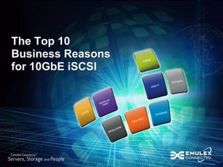 The Top 10
Business Reasons
for 10GbE iSCSI




                                         Storage
             © 2011 Emulex Corporation         1
 