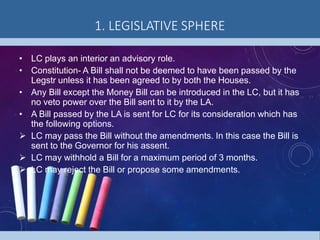 1. LEGISLATIVE SPHERE
• LC plays an interior an advisory role.
• Constitution- A Bill shall not be deemed to have been passed by the
Legstr unless it has been agreed to by both the Houses.
• Any Bill except the Money Bill can be introduced in the LC, but it has
no veto power over the Bill sent to it by the LA.
• A Bill passed by the LA is sent for LC for its consideration which has
the following options.
 LC may pass the Bill without the amendments. In this case the Bill is
sent to the Governor for his assent.
 LC may withhold a Bill for a maximum period of 3 months.
 LC may reject the Bill or propose some amendments.
 