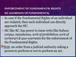 ENFORCEMENT OF FUNDAMENTAL RIGHTS
HC-GUARDIAN OF FUNDAMENTAL RIGHTS
 