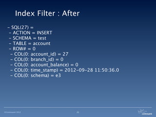 Index Filter : After
  - SQL(27) =
   - ACTION = INSERT
   - SCHEMA = test
   - TABLE = account
   - ROW# = 0
    - COL(0: account_id) = 27
    - COL(0: branch_id) = 0
    - COL(0: account_balance) = 0
    - COL(0: time_stamp) = 2012-09-28 11:50:36.0
    - COL(0: schema) = e3




©Continuent 2012              21
 