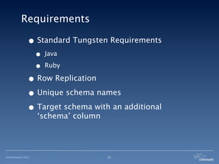 Requirements

              • Standard Tungsten Requirements
                   •   Java

                   •   Ruby

              • Row Replication
              • Unique schema names
              • Target schema with an additional
                   ‘schema’ column




©Continuent 2012                     22
 