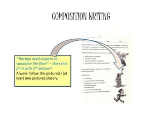 COMPOSITION WRITING
“The boy used crayons to
vandalise the floor” – does this
fit in with 2nd picture?
Always follow the picture(s) (at
least one picture) closely.
 
