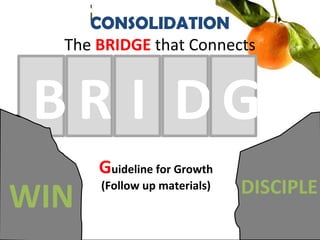 Guideline for Growth
(Follow up materials)
B
CONSOLIDATION
The BRIDGE that Connects
WIN DISCIPLE
R I D G
 