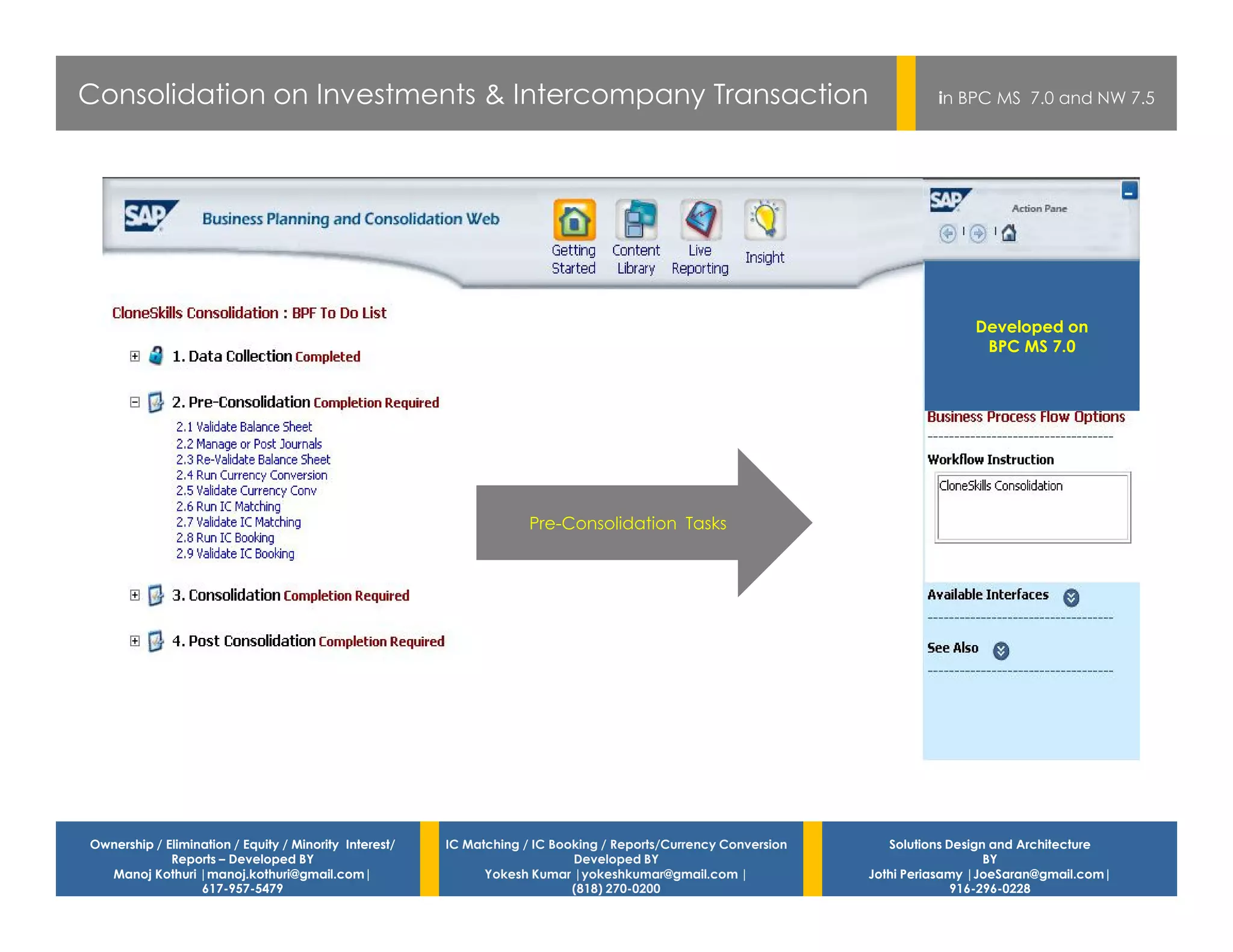 Consolidation on Investments & Intercompany Transaction                                                                    in BPC MS 7.0 and NW 7.5




                                                                                                                                Developed on
                                                                                                                                 BPC MS 7.0




                                                                     Pre-Consolidation Tasks




Ownership / Elimination / Equity / Minority Interest/   IC Matching / IC Booking / Reports/Currency Conversion      Solutions Design and Architecture
             Reports – Developed BY                                         Developed BY                                            BY
  Manoj Kothuri |manoj.kothuri@gmail.com|                     Yokesh Kumar |yokeshkumar@gmail.com |              Jothi Periasamy |JoeSaran@gmail.com|
                  617-957-5479                                              (818) 270-0200                                     916-296-0228
 