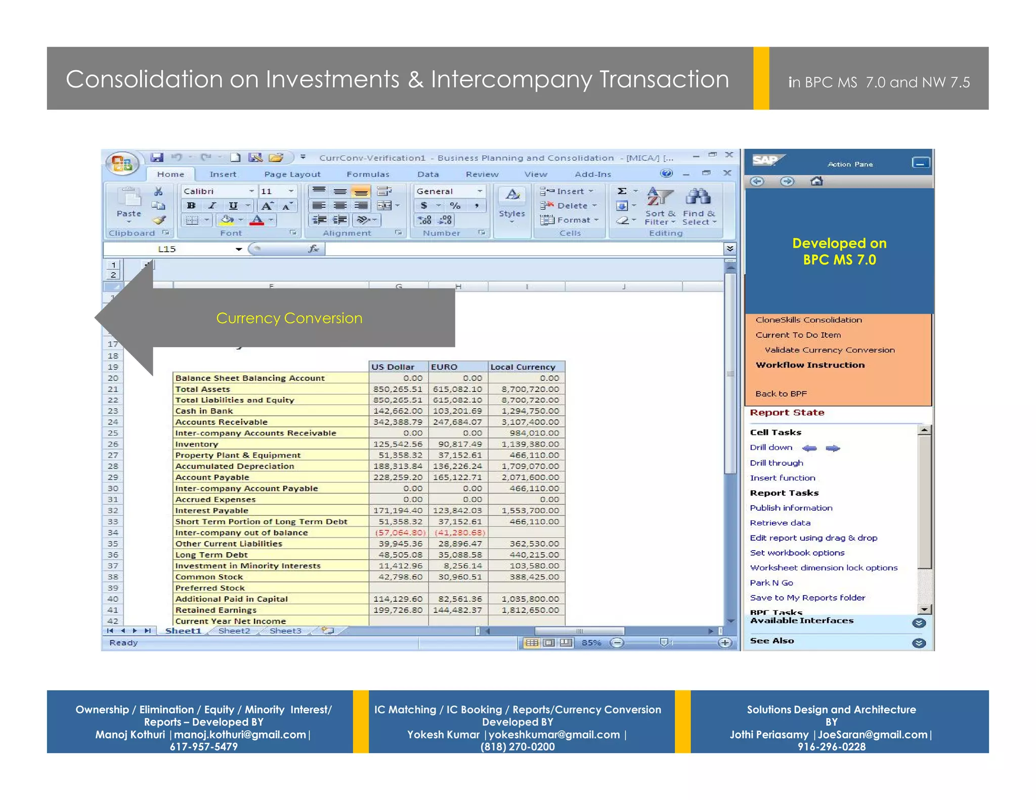Consolidation on Investments & Intercompany Transaction                                                                    in BPC MS 7.0 and NW 7.5




                                                                                                                            Developed on
                                                                                                                             BPC MS 7.0



                             Currency Conversion




Ownership / Elimination / Equity / Minority Interest/   IC Matching / IC Booking / Reports/Currency Conversion      Solutions Design and Architecture
             Reports – Developed BY                                         Developed BY                                            BY
  Manoj Kothuri |manoj.kothuri@gmail.com|                     Yokesh Kumar |yokeshkumar@gmail.com |              Jothi Periasamy |JoeSaran@gmail.com|
                  617-957-5479                                              (818) 270-0200                                     916-296-0228
 