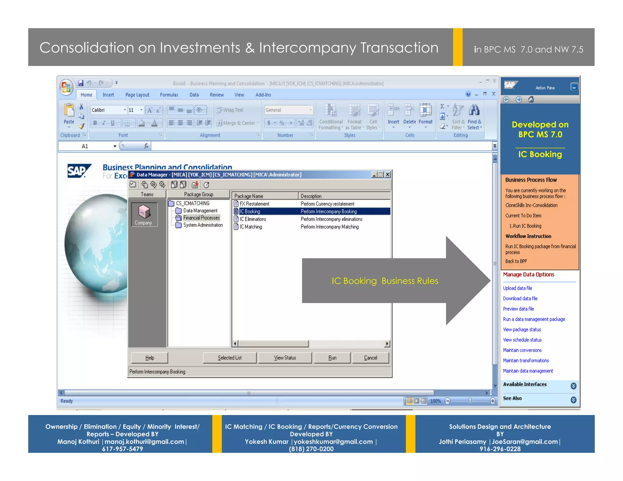 Consolidation on Investments & Intercompany Transaction                                                                        in BPC MS 7.0 and NW 7.5




                                                                                                                                          Developed on
                                                                                                                                            BPC MS 7.0
                                                                                                                                           ____________
                                                                                                                                            IC Booking




                                                                                         IC Booking Business Rules




Ownership / Elimination / Equity / Minority Interest/   IC Matching / IC Booking / Reports/Currency Conversion          Solutions Design and Architecture
             Reports – Developed BY                                         Developed BY                                                BY
  Manoj Kothuri |manoj.kothuri@gmail.com|                     Yokesh Kumar |yokeshkumar@gmail.com |                  Jothi Periasamy |JoeSaran@gmail.com|
                  617-957-5479                                              (818) 270-0200                                         916-296-0228
 
