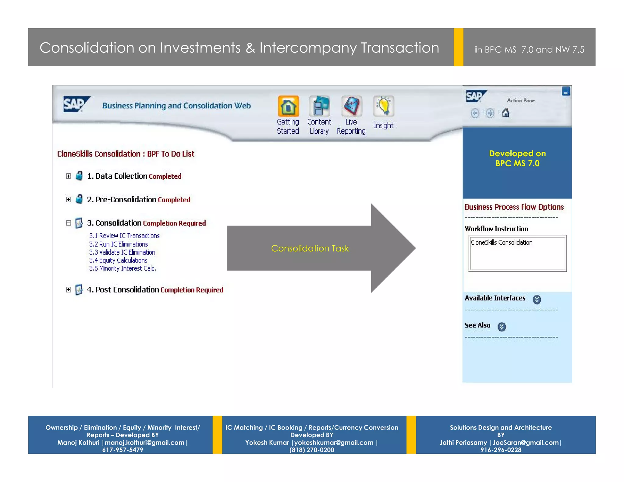 Consolidation on Investments & Intercompany Transaction                                                                    in BPC MS 7.0 and NW 7.5




                                                                                                                               Developed on
                                                                                                                                BPC MS 7.0




                                                                      Consolidation Task




Ownership / Elimination / Equity / Minority Interest/   IC Matching / IC Booking / Reports/Currency Conversion      Solutions Design and Architecture
             Reports – Developed BY                                         Developed BY                                            BY
  Manoj Kothuri |manoj.kothuri@gmail.com|                     Yokesh Kumar |yokeshkumar@gmail.com |              Jothi Periasamy |JoeSaran@gmail.com|
                  617-957-5479                                              (818) 270-0200                                     916-296-0228
 
