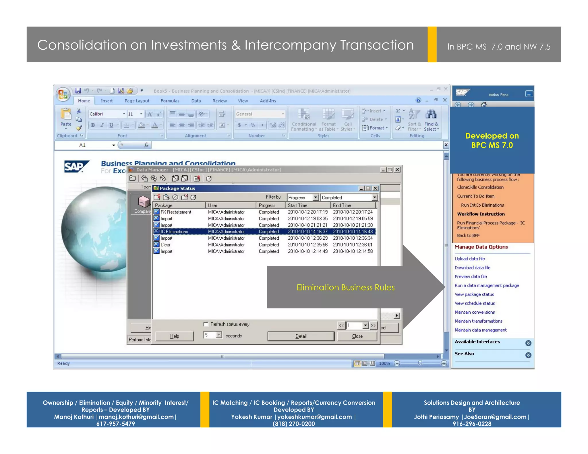 Consolidation on Investments & Intercompany Transaction                                                                    in BPC MS 7.0 and NW 7.5




                                                                                                                                Developed on
                                                                                                                                 BPC MS 7.0




                                                                                   Elimination Business Rules




Ownership / Elimination / Equity / Minority Interest/   IC Matching / IC Booking / Reports/Currency Conversion      Solutions Design and Architecture
             Reports – Developed BY                                         Developed BY                                            BY
  Manoj Kothuri |manoj.kothuri@gmail.com|                     Yokesh Kumar |yokeshkumar@gmail.com |              Jothi Periasamy |JoeSaran@gmail.com|
                  617-957-5479                                              (818) 270-0200                                     916-296-0228
 
