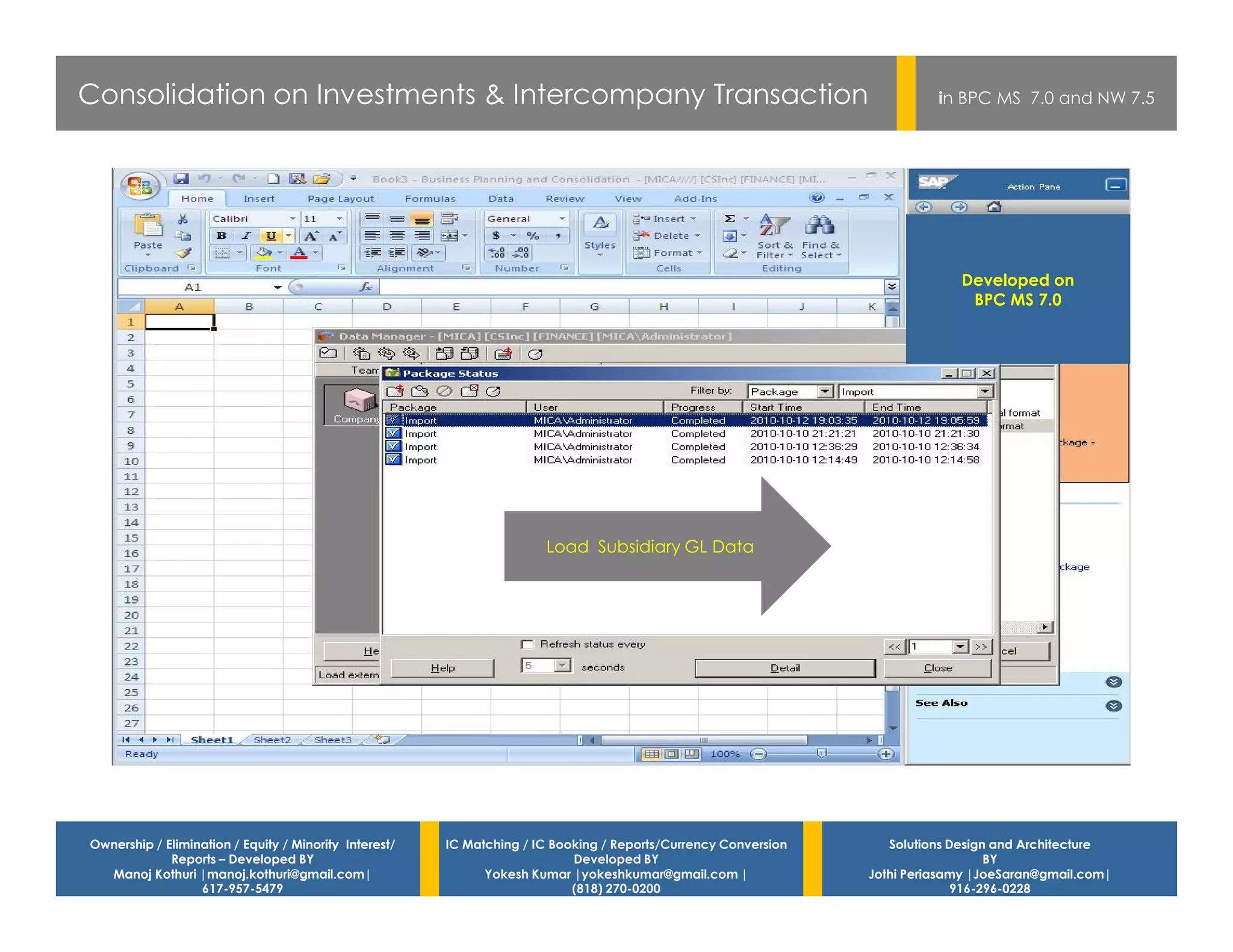 Consolidation on Investments & Intercompany Transaction                                                                    in BPC MS 7.0 and NW 7.5




                                                                                                                              Developed on
                                                                                                                               BPC MS 7.0




                                                                       Load Subsidiary GL Data




Ownership / Elimination / Equity / Minority Interest/   IC Matching / IC Booking / Reports/Currency Conversion      Solutions Design and Architecture
             Reports – Developed BY                                         Developed BY                                            BY
  Manoj Kothuri |manoj.kothuri@gmail.com|                     Yokesh Kumar |yokeshkumar@gmail.com |              Jothi Periasamy |JoeSaran@gmail.com|
                  617-957-5479                                              (818) 270-0200                                     916-296-0228
 