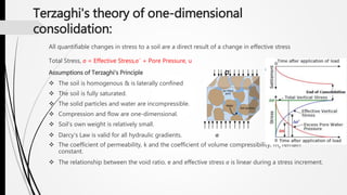 Terzaghi's theory of one-dimensional
consolidation:
All quantifiable changes in stress to a soil are a direct result of a change in effective stress
Total Stress, σ = Effective Stress,σ´ + Pore Pressure, u
Assumptions of Terzaghi's Principle σ
 The soil is homogenous & is laterally confined
 The soil is fully saturated.
 The solid particles and water are incompressible.
 Compression and flow are one-dimensional.
 Soil’s own weight is relatively small.
 Darcy's Law is valid for all hydraulic gradients. σ
 The coefficient of permeability, k and the coefficient of volume compressibility, mv remain
constant.
 The relationship between the void ratio, e and effective stress σ is linear during a stress increment.
 