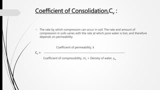 Coefficient of Consolidation,Cv :
 The rate by which compression can occur in soil. The rate and amount of
compression in soils varies with the rate at which pore water is lost, and therefore
depends on permeability.
Coefficient of permeability, k
Cv =
Coefficient of compressibility, mv × Density of water, γw
 