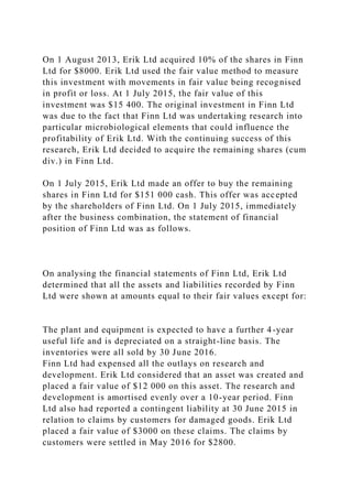 On 1 August 2013, Erik Ltd acquired 10% of the shares in Finn
Ltd for $8000. Erik Ltd used the fair value method to measure
this investment with movements in fair value being recognised
in profit or loss. At 1 July 2015, the fair value of this
investment was $15 400. The original investment in Finn Ltd
was due to the fact that Finn Ltd was undertaking research into
particular microbiological elements that could influence the
profitability of Erik Ltd. With the continuing success of this
research, Erik Ltd decided to acquire the remaining shares (cum
div.) in Finn Ltd.
On 1 July 2015, Erik Ltd made an offer to buy the remaining
shares in Finn Ltd for $151 000 cash. This offer was accepted
by the shareholders of Finn Ltd. On 1 July 2015, immediately
after the business combination, the statement of financial
position of Finn Ltd was as follows.
On analysing the financial statements of Finn Ltd, Erik Ltd
determined that all the assets and liabilities recorded by Finn
Ltd were shown at amounts equal to their fair values except for:
The plant and equipment is expected to have a further 4-year
useful life and is depreciated on a straight-line basis. The
inventories were all sold by 30 June 2016.
Finn Ltd had expensed all the outlays on research and
development. Erik Ltd considered that an asset was created and
placed a fair value of $12 000 on this asset. The research and
development is amortised evenly over a 10-year period. Finn
Ltd also had reported a contingent liability at 30 June 2015 in
relation to claims by customers for damaged goods. Erik Ltd
placed a fair value of $3000 on these claims. The claims by
customers were settled in May 2016 for $2800.
 