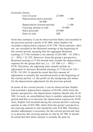 Economic Entity:
Cost of asset 22 000
Depreciation (prior period) 1 100
20 900
Depreciation (current period) 1 100
Carrying amount at sale 19 800
Sales proceeds 20 000
Gain on sale 200
From this summary it can be observed that Ruby Ltd recorded in
the previous period a profit of $3 000, while Sophie Ltd
recorded a depreciation expense of $1 250. These amounts, after
tax, are recorded in the Retained earnings at the beginning of
the current period, meaning that the aggregate Retained
earnings (1/7/16) includes a net amount of ($3 000 – $1 250) x
(1 – 30%) = $1 225. However, from the group’s perspective,
Retained earnings (1/7/16) should only include the depreciation
expense for the group after tax, i.e. – $1 100 x (1 – 30%) = –
$770. Therefore, the adjusting entry should include an
adjustment to decrease Retained earnings (1/7/16) by $1 225 +
$770 = $1 995. It should be noted that this amount of
adjustment is actually the unrealised profit at the beginning of
the current period, i.e. the profit on the intragroup sale minus
for the depreciation adjustment for the previous period.
In terms of the current period, it can be observed that Sophie
Ltd recorded a depreciation expense of $1250, while from the
group’s perspective, the depreciation expense should only be $1
100. As such, on consolidation there is another adjustment to be
posted and that is to decrease the depreciation expense by $150.
Also, Sophie Ltd recorded during the current period a carrying
amount at sale of $22 500, while from the group’s perspective,
the carrying amount at sale should be only $19 800. Therefore,
another adjustment is necessary for the current period and that
is to decrease the carrying amount at sale by $2 700. It should
be noted that this latter amount is actually the gain on
 