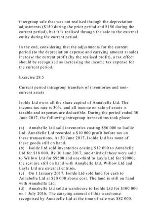 intergroup sale that was not realised through the depreciation
adjustments ($150 during the prior period and $150 during the
current period), but it is realised through the sale to the external
entity during the current period.
In the end, considering that the adjustments for the current
period (to the depreciation expense and carrying amount at sale)
increase the current profit (by the realised profit), a tax effect
should be recognised as increasing the income tax expense for
the current period.
Exercise 28.5
Current period intragroup transfers of inventories and non-
current assets
Isolde Ltd owns all the share capital of Annabelle Ltd. The
income tax rate is 30%, and all income on sale of assets is
taxable and expenses are deductible. During the period ended 30
June 2017, the following intragroup transactions took place:
(a) Annabelle Ltd sold inventories costing $50 000 to Isolde
Ltd. Annabelle Ltd recorded a $10 000 profit before tax on
these transactions. At 30 June 2017, Isolde Ltd has none of
these goods still on hand.
(b) Isolde Ltd sold inventories costing $12 000 to Annabelle
Ltd for $18 000. By 30 June 2017, one-third of these were sold
to Willow Ltd for $9500 and one-third to Layla Ltd for $9000;
the rest are still on hand with Annabelle Ltd. Willow Ltd and
Layla Ltd are external entities.
(c) On 1 January 2017, Isolde Ltd sold land for cash to
Annabelle Ltd at $20 000 above cost. The land is still on hand
with Annabelle Ltd.
(d) Annabelle Ltd sold a warehouse to Isolde Ltd for $100 000
on 1 July 2016. The carrying amount of this warehouse
recognised by Annabelle Ltd at the time of sale was $82 000.
 