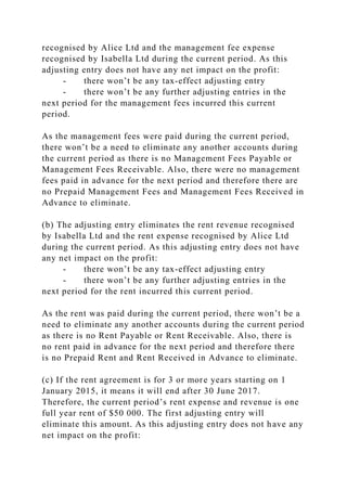 recognised by Alice Ltd and the management fee expense
recognised by Isabella Ltd during the current period. As this
adjusting entry does not have any net impact on the profit:
- there won’t be any tax-effect adjusting entry
- there won’t be any further adjusting entries in the
next period for the management fees incurred this current
period.
As the management fees were paid during the current period,
there won’t be a need to eliminate any another accounts during
the current period as there is no Management Fees Payable or
Management Fees Receivable. Also, there were no management
fees paid in advance for the next period and therefore there are
no Prepaid Management Fees and Management Fees Received in
Advance to eliminate.
(b) The adjusting entry eliminates the rent revenue recognised
by Isabella Ltd and the rent expense recognised by Alice Ltd
during the current period. As this adjusting entry does not have
any net impact on the profit:
- there won’t be any tax-effect adjusting entry
- there won’t be any further adjusting entries in the
next period for the rent incurred this current period.
As the rent was paid during the current period, there won’t be a
need to eliminate any another accounts during the current period
as there is no Rent Payable or Rent Receivable. Also, there is
no rent paid in advance for the next period and therefore there
is no Prepaid Rent and Rent Received in Advance to eliminate.
(c) If the rent agreement is for 3 or more years starting on 1
January 2015, it means it will end after 30 June 2017.
Therefore, the current period’s rent expense and revenue is one
full year rent of $50 000. The first adjusting entry will
eliminate this amount. As this adjusting entry does not have any
net impact on the profit:
 