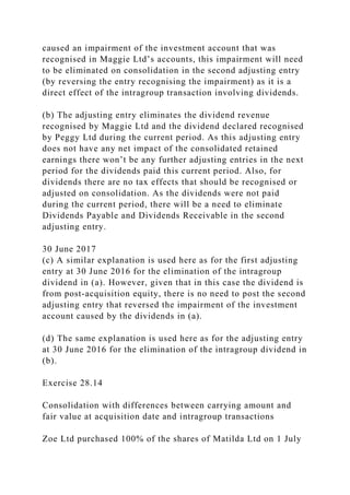 caused an impairment of the investment account that was
recognised in Maggie Ltd’s accounts, this impairment will need
to be eliminated on consolidation in the second adjusting entry
(by reversing the entry recognising the impairment) as it is a
direct effect of the intragroup transaction involving dividends.
(b) The adjusting entry eliminates the dividend revenue
recognised by Maggie Ltd and the dividend declared recognised
by Peggy Ltd during the current period. As this adjusting entry
does not have any net impact of the consolidated retained
earnings there won’t be any further adjusting entries in the next
period for the dividends paid this current period. Also, for
dividends there are no tax effects that should be recognised or
adjusted on consolidation. As the dividends were not paid
during the current period, there will be a need to eliminate
Dividends Payable and Dividends Receivable in the second
adjusting entry.
30 June 2017
(c) A similar explanation is used here as for the first adjusting
entry at 30 June 2016 for the elimination of the intragroup
dividend in (a). However, given that in this case the dividend is
from post-acquisition equity, there is no need to post the second
adjusting entry that reversed the impairment of the investment
account caused by the dividends in (a).
(d) The same explanation is used here as for the adjusting entry
at 30 June 2016 for the elimination of the intragroup dividend in
(b).
Exercise 28.14
Consolidation with differences between carrying amount and
fair value at acquisition date and intragroup transactions
Zoe Ltd purchased 100% of the shares of Matilda Ltd on 1 July
 