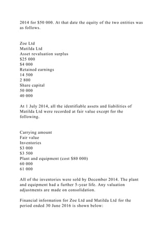 2014 for $50 000. At that date the equity of the two entities was
as follows.
Zoe Ltd
Matilda Ltd
Asset revaluation surplus
$25 000
$4 000
Retained earnings
14 500
2 800
Share capital
50 000
40 000
At 1 July 2014, all the identifiable assets and liabilities of
Matilda Ltd were recorded at fair value except for the
following.
Carrying amount
Fair value
Inventories
$3 000
$3 500
Plant and equipment (cost $80 000)
60 000
61 000
All of the inventories were sold by December 2014. The plant
and equipment had a further 5-year life. Any valuation
adjustments are made on consolidation.
Financial information for Zoe Ltd and Matilda Ltd for the
period ended 30 June 2016 is shown below:
 