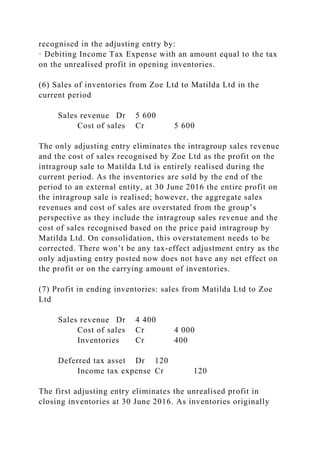 recognised in the adjusting entry by:
· Debiting Income Tax Expense with an amount equal to the tax
on the unrealised profit in opening inventories.
(6) Sales of inventories from Zoe Ltd to Matilda Ltd in the
current period
Sales revenue Dr 5 600
Cost of sales Cr 5 600
The only adjusting entry eliminates the intragroup sales revenue
and the cost of sales recognised by Zoe Ltd as the profit on the
intragroup sale to Matilda Ltd is entirely realised during the
current period. As the inventories are sold by the end of the
period to an external entity, at 30 June 2016 the entire profit on
the intragroup sale is realised; however, the aggregate sales
revenues and cost of sales are overstated from the group’s
perspective as they include the intragroup sales revenue and the
cost of sales recognised based on the price paid intragroup by
Matilda Ltd. On consolidation, this overstatement needs to be
corrected. There won’t be any tax-effect adjustment entry as the
only adjusting entry posted now does not have any net effect on
the profit or on the carrying amount of inventories.
(7) Profit in ending inventories: sales from Matilda Ltd to Zoe
Ltd
Sales revenue Dr 4 400
Cost of sales Cr 4 000
Inventories Cr 400
Deferred tax asset Dr 120
Income tax expense Cr 120
The first adjusting entry eliminates the unrealised profit in
closing inventories at 30 June 2016. As inventories originally
 