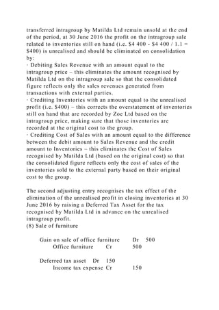 transferred intragroup by Matilda Ltd remain unsold at the end
of the period, at 30 June 2016 the profit on the intragroup sale
related to inventories still on hand (i.e. $4 400 - $4 400 / 1.1 =
$400) is unrealised and should be eliminated on consolidation
by:
· Debiting Sales Revenue with an amount equal to the
intragroup price – this eliminates the amount recognised by
Matilda Ltd on the intragroup sale so that the consolidated
figure reflects only the sales revenues generated from
transactions with external parties.
· Crediting Inventories with an amount equal to the unrealised
profit (i.e. $400) – this corrects the overstatement of inventories
still on hand that are recorded by Zoe Ltd based on the
intragroup price, making sure that those inventories are
recorded at the original cost to the group.
· Crediting Cost of Sales with an amount equal to the difference
between the debit amount to Sales Revenue and the credit
amount to Inventories – this eliminates the Cost of Sales
recognised by Matilda Ltd (based on the original cost) so that
the consolidated figure reflects only the cost of sales of the
inventories sold to the external party based on their original
cost to the group.
The second adjusting entry recognises the tax effect of the
elimination of the unrealised profit in closing inventories at 30
June 2016 by raising a Deferred Tax Asset for the tax
recognised by Matilda Ltd in advance on the unrealised
intragroup profit.
(8) Sale of furniture
Gain on sale of office furniture Dr 500
Office furniture Cr 500
Deferred tax asset Dr 150
Income tax expense Cr 150
 