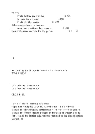 95 875
Profit before income tax 13 725
Income tax expense 5 028
Profit for the period $8 697
Other comprehensive income:
Asset revaluations: Increments 2 500
Comprehensive income for the period $ 11 197
11
Accounting for Group Structure – An Introduction
WORKSHOP
La Trobe Business School
La Trobe Business School
Ch 26 & 27.
1
Topic intended learning outcomes
explain the purpose of consolidated financial statements
discuss the meaning and application of the criterion of control
discuss the consolidation process in the case of wholly owned
entities and the initial adjustments required in the consolidation
worksheet
 