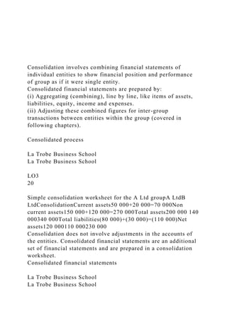 Consolidation involves combining financial statements of
individual entities to show financial position and performance
of group as if it were single entity.
Consolidated financial statements are prepared by:
(i) Aggregating (combining), line by line, like items of assets,
liabilities, equity, income and expenses.
(ii) Adjusting these combined figures for inter-group
transactions between entities within the group (covered in
following chapters).
Consolidated process
La Trobe Business School
La Trobe Business School
LO3
20
Simple consolidation worksheet for the A Ltd groupA LtdB
LtdConsolidationCurrent assets50 000+20 000=70 000Non
current assets150 000+120 000=270 000Total assets200 000 140
000340 000Total liabilities(80 000)+(30 000)=(110 000)Net
assets120 000110 000230 000
Consolidation does not involve adjustments in the accounts of
the entities. Consolidated financial statements are an additional
set of financial statements and are prepared in a consolidation
worksheet.
Consolidated financial statements
La Trobe Business School
La Trobe Business School
 