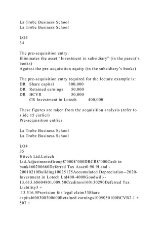 La Trobe Business School
La Trobe Business School
LO4
34
The pre-acquisition entry:
Eliminates the asset “Investment in subsidiary” (in the parent’s
books)
Against the pre-acquisition equity (in the subsidiary’s books)
The pre-acquisition entry required for the lecture example is:
DR Share capital 300,000
DR Retained earnings 50,000
DR BCVR 50,000
CR Investment in Lotech 400,000
These figures are taken from the acquisition analysis (refer to
slide 15 earlier)
Pre-acquisition entries
La Trobe Business School
La Trobe Business School
LO4
35
Hitech Ltd.Lotech
Ltd.AdjustmentsGroup$’000$’000DRCR$’000Cash in
bank460200660Deferred Tax Asset0.90.9Land -
20010210Building10025125Accumulated Depreciation--2020-
Investment in Lotech Ltd400-4000Goodwill--
13.613.68604801,009.50Creditors160130290Deferred Tax
Liability3 +
13.516.5Provision for legal claim33Share
capital600300300600Retained earnings1005050100BCVR2.1 +
507 +
 