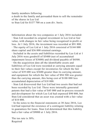 family members following
a death in the family and persuaded them to sell the remainder
of the shares in Lee Ltd
to Stan Ltd for $137 700 on a cum div. basis.
Information about the two companies at 1 July 2016 included:
· Stan Ltd recorded its original investment in Lee Ltd at fair
value, with changes in fair value being recognised in profit or
loss. At 1 July 2016, the investment was recorded at $91 800.
· The equity of Lee Ltd at 1 July 2016 consisted of $144 000
share capital and $36 000 retained earnings.
· Included in the assets and liabilities recorded by Lee Ltd at 1
July 2016 were goodwill of $5400 (net of accumulated
impairment losses of $3600) and dividend payable of $4500.
· On the acquisition date all the identifiable assets and
liabilities of Lee Ltd were recorded at carrying amounts equal
to their fair values except for inventories for which the fair
value of $39 600 was $3600 greater than its carrying amount,
and equipment for which the fair value of $94 500 was greater
than the carrying amount, this being cost of $108 000 less
accumulated depreciation of $18 000.
· Stan Ltd discovered that Lee Ltd had two assets that had not
been recorded by Lee Ltd. These were internally generated
patents that had a fair value of $45 000 and in-process research
and development for which Lee Ltd had expensed $90 000, but
Stan Ltd considered that an asset was created with a fair value
of $18 000.
· In the notes to the financial statements at 30 June 2016, Lee
Ltd had reported the existence of a contingent liability relating
to guarantees for loans. Stan Ltd determined that this liability
had a fair value of $9000 at 1 July 2016.
The tax rate is 30%.
Required
 
