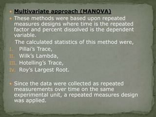  Multivariate approach (MANOVA)
 These methods were based upon repeated
measures designs where time is the repeated
factor and percent dissolved is the dependent
variable.
The calculated statistics of this method were,
I. Pillai’s Trace,
II. Wilk’s Lambda,
III. Hotelling’s Trace,
IV. Roy’s Largest Root.
 Since the data were collected as repeated
measurements over time on the same
experimental unit, a repeated measures design
was applied.
 