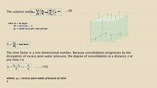 The solution yields, …..(9)
The time factor is a non dimensional number. Because consolidation progresses by the
dissipation of excess pore water pressure, the degree of consolidation at a distance z at
any time t is
where, uz= excess pore water pressure at time
t.
…….. (10)
 