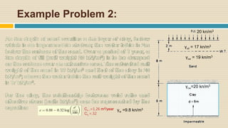 Example Problem 2:
20 kn/m3
γsd = 17 kn/m3
γsw = 19 kn/m3
γcw=20 kn/m3
γw =9.8 kn/m3Cv ,=1.26 m2/year
Cc =.32
 
