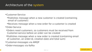 Slide 12
Architecture of the system
consol.com

Customer-Service

Publishes message when a new customer is created (containing
email of customer)

Receives message when a new order for a customer is created

Order-Service

Orders need customers, so customers must be received from
Customer-service before an order can be created

Publishes message when a new order is created (containing email
of customer, an order-id, creation-date and total sum)

Customer-messages via AMQP

Order-messages via Kafka
 