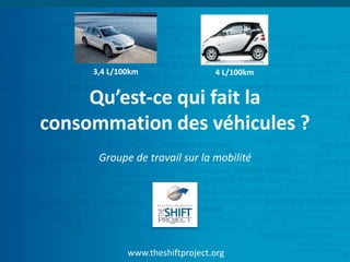 www.theshiftproject.org
Qu’est-ce qui fait la
consommation des véhicules ?
Groupe de travail sur la mobilité
3,4 L/100km 4 L/100km
 