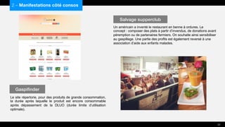 Le site répertorie, pour des produits de grande consommation,
la durée après laquelle le produit est encore consommable
après dépassement de la DLUO (durée limite d’utilisation
optimale).
Un américain a inventé le restaurant en benne à ordures. Le
concept : composer des plats à partir d’invendus, de donations avant
péremption ou de partenaires fermiers. On souhaite ainsi sensibiliser
au gaspillage. Une partie des profits est également reversé à une
association d’aide aux enfants malades.
2 – Manifestations côté consos
Gaspifinder
Salvage supperclub
23
 