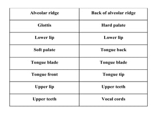 Alveolar ridge Back of alveolar ridge
Glottis Hard palate
Lower lip Lower lip
Soft palate Tongue back
Tongue blade Tongue blade
Tongue front Tongue tip
Upper lip Upper teeth
Upper teeth Vocal cords
 