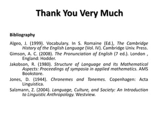 Thank You Very Much
Bibliography
Algeo, J. (1999). Vocabulary. In S. Romaine (Ed.), The Cambridge
History of the English Language (Vol. IV). Cambridge Univ. Press.
Gimson, A. C. (2008). The Pronunciation of English (7 ed.). London ,
England: Hodder.
Jakobson, R. (1980). Structure of Language and Its Mathematical
Aspects: Proceedings of symposia in applied mathematics. AMS
Bookstore.
Jones, D. (1944). Chronemes and Tonemes. Copenhagen: Acta
Linguistica.
Salzmann, Z. (2004). Language, Culture, and Society: An Introduction
to Linguistic Anthropology. Westview.

 
