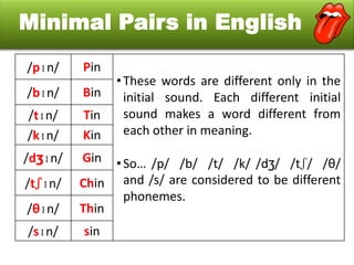Minimal Pairs in English
/pɪn/

Pin

/bɪn/

Bin

/tɪn/
/kɪn/

Tin
Kin

/dʒɪn/

Gin

/tʃɪn/
/θɪn/
/sɪn/

• These words are different only in the
initial sound. Each different initial
sound makes a word different from
each other in meaning.

• So… /p/ /b/ /t/ /k/ /dʒ/ /tʃ/ /θ/
Chin and /s/ are considered to be different
phonemes.
Thin
sin

 