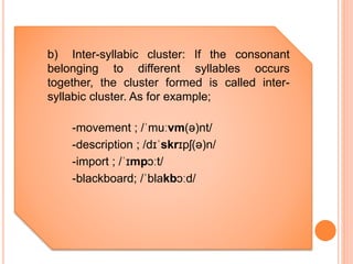 b) Inter-syllabic cluster: If the consonant
belonging to different syllables occurs
together, the cluster formed is called inter-
syllabic cluster. As for example;
-movement ; /ˈmuːvm(ə)nt/
-description ; /dɪˈskrɪpʃ(ə)n/
-import ; /ˈɪmpɔːt/
-blackboard; /ˈblakbɔːd/
 