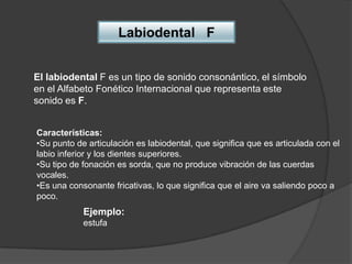 Labiodental F


El labiodental F es un tipo de sonido consonántico, el símbolo
en el Alfabeto Fonético Internacional que representa este
sonido es F.


Características:
•Su punto de articulación es labiodental, que significa que es articulada con el
labio inferior y los dientes superiores.
•Su tipo de fonación es sorda, que no produce vibración de las cuerdas
vocales.
•Es una consonante fricativas, lo que significa que el aire va saliendo poco a
poco.
            Ejemplo:
            estufa
 