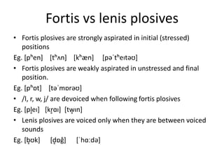 Fortis vs lenis plosives 
• Fortis plosives are strongly aspirated in initial (stressed) 
positions 
Eg. [pʰen] [tʰʌn] [kʰæn] [pəˈtʰeɪtəʊ] 
• Fortis plosives are weakly aspirated in unstressed and final 
position. 
Eg. [pʰɒt] [təˈmɒrəʊ] 
• /l, r, w, j/ are devoiced when following fortis plosives 
Eg. [ple̥ɪ] [kr̥ɑɪ] [tw̥ɪn] 
• Lenis plosives are voiced only when they are between voiced 
sounds 
Eg. [b̥ʊk] [d̥ɒg̊] [ˈhɑːdə] 
 