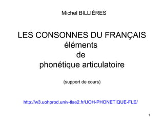 Michel BILLIÈRES

LES CONSONNES DU FRANÇAIS
éléments
de
phonétique articulatoire
(support de cours)

http://w3.uohprod.univ-tlse2.fr/UOH-PHONETIQUE-FLE/
1

 