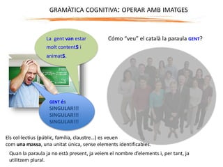 GENT és
SINGULAR!!!
SINGULAR!!!
SINGULAR!!!
Cómo “veu” el català la paraula GENT?
Els col·lectius (públic, família, claustre…) es veuen
com una massa, una unitat única, sense elements identificables.
GRAMÀTICA COGNITIVA: OPERAR AMB IMATGES
La gent van estar
molt contents i
animats.
Quan la paraula ja no està present, ja veiem el nombre d’elements i, per tant, ja
utilitzem plural.
 
