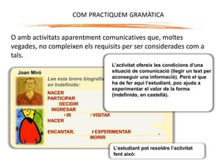 O amb activitats aparentment comunicatives que, moltes
vegades, no compleixen els requisits per ser considerades com a
tals.
Joan Miró
NACER en Barcelona el 20 de abril de 1893. En 1910
PARTICIPAR por primera vez en una exposición. En
1912 DECIDIR dedicarse exclusivamente a la pintura
e INGRESAR en la Escuela de Arte de Francesc Galí.
En 1920 IR a París y VISITAR a Picasso. En 1921
HACER su primera exposición en la capital francesa.
El ambiente bohemio de las calles parisinas le
ENCANTAR. En 1930 EXPERIMENTAR con el collage
y la escultura. […] MORIR en Palma de Mallorca el 25
de diciembre de 1983.
Lee esta breve biografía de Miró y pon los verbos
en Indefinido:
L’estudiant pot resoldre l’activitat
fent això:
COM PRACTIQUEM GRAMÀTICA
L’activitat ofereix les condicions d’una
situació de comunicació (llegir un text per
aconseguir una informació). Però el que
ha de fer aquí l’estudiant, poc ajuda a
experimentar el valor de la forma
(indefinido, en castellà).
 