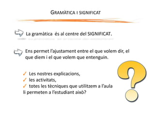 La gramàtica és al centre del SIGNIFICAT.
Les nostres explicacions,
les activitats,
totes les tècniques que utilitzem a l’aula
li permeten a l’estudiant això?
Ens permet l’ajustament entre el que volem dir, el
que diem i el que volem que entenguin.
GRAMÀTICA I SIGNIFICAT
 