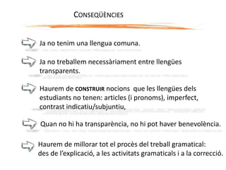 Ja no tenim una llengua comuna.
Haurem de millorar tot el procès del treball gramatical:
des de l’explicació, a les activitats gramaticals i a la correcció.
CONSEQÜÈNCIES
Ja no treballem necessàriament entre llengües
transparents.
Haurem de CONSTRUIR nocions que les llengües dels
estudiants no tenen: articles (i pronoms), imperfect,
contrast indicatiu/subjuntiu,
Quan no hi ha transparència, no hi pot haver benevolència.
 