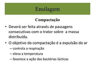 Ensilagem
Compactação
• Deverá ser feita através de passagens
consecutivas com o trator sobre a massa
distribuída.
• O objetivo da compactação é a expulsão do ar
– controla a respiração
– eleva a temperatura
– favorece a ação das bactérias lácticas
 