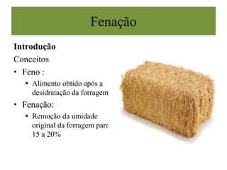 Fenação
Introdução
Conceitos
• Feno :
 Alimento obtido após a
desidratação da forragem
• Fenação:
 Remoção da umidade
original da forragem para
15 a 20%
 